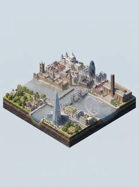London diorama softened by fog.