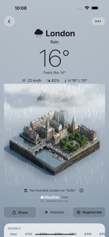 A city screen in rain with a founder plaque under the scene reading: You founded London as Dolly.