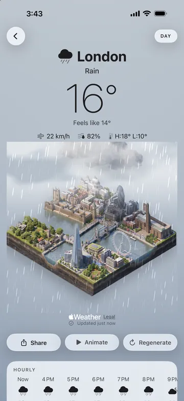 The London city screen in rain, with animated rain falling over the diorama.