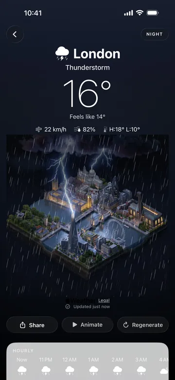 The London city screen during a thunderstorm at night, with lightning over the diorama.